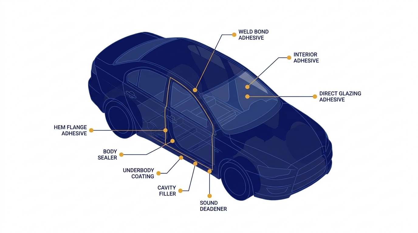 Automotive bonding and sealing adhesive application zones